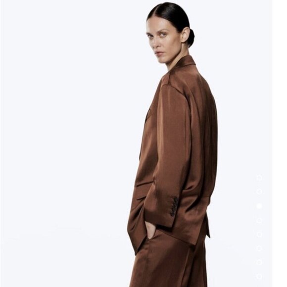 ZARA Brown Satin Linen Blazer size L - Picture 4 of 16